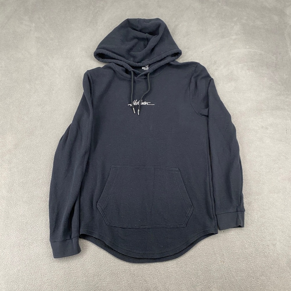 Hollister Mens Waffle Knit Thermal Hoodie Navy Blue Script Logo Y2K XS